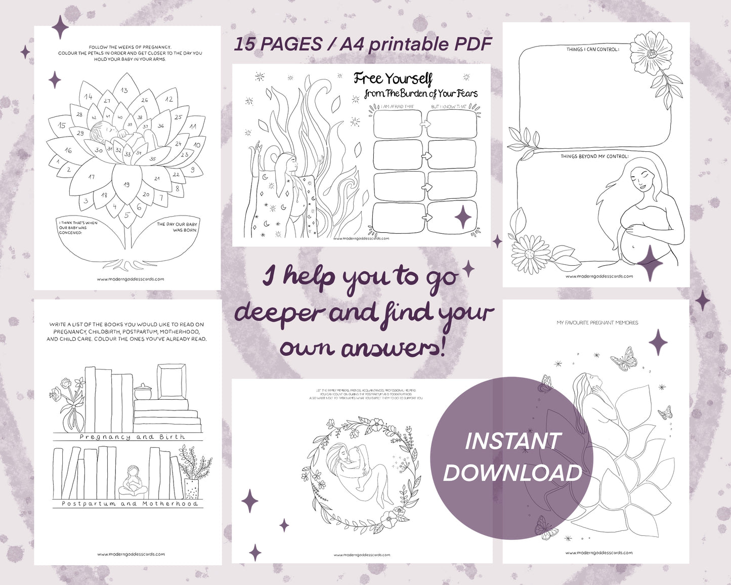 Pregnancy and Birth - Full package for Mothers - 12 coloring pages, 15 worksheets, 80 questions